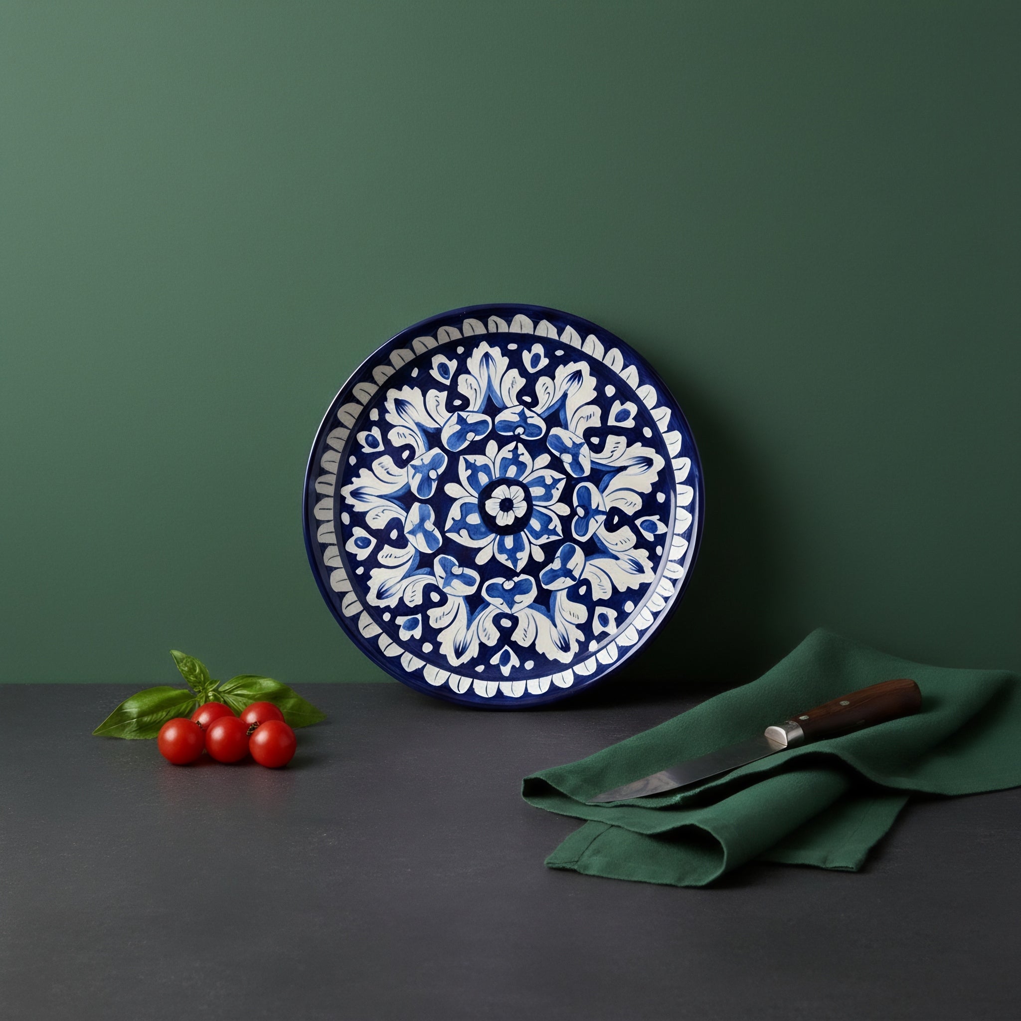 Cobalt Floral Blue Pottery Pizza Platter & Wall Plate – 10 Inch