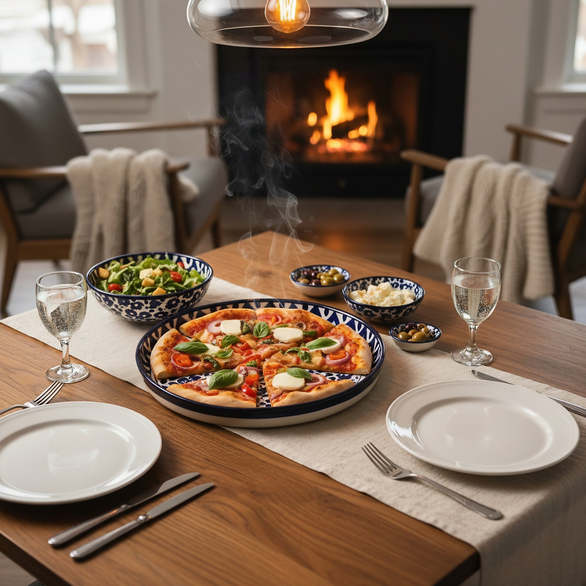 Cerulean Bloom Pizza Serving Platter — blue pottery dinnerware detail — Craftan Pakistan