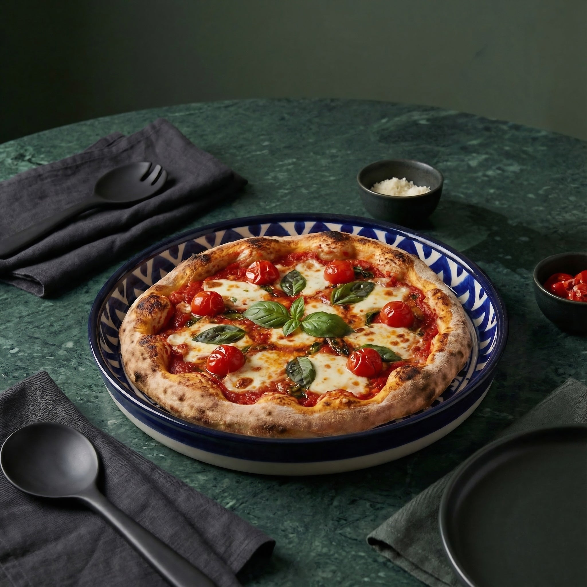 Cerulean Bloom Pizza Serving Platter — handmade Pakistani pottery craftsmanship — Craftan Pakistan