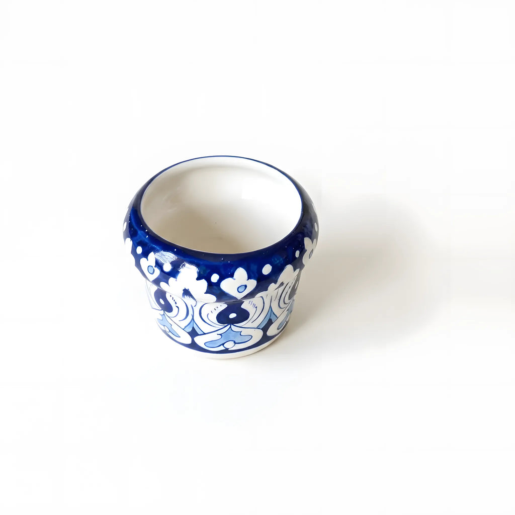 Handmade Blue Pottery Teardrop Petal Border Small Planter - 4 Inch Ceramic
