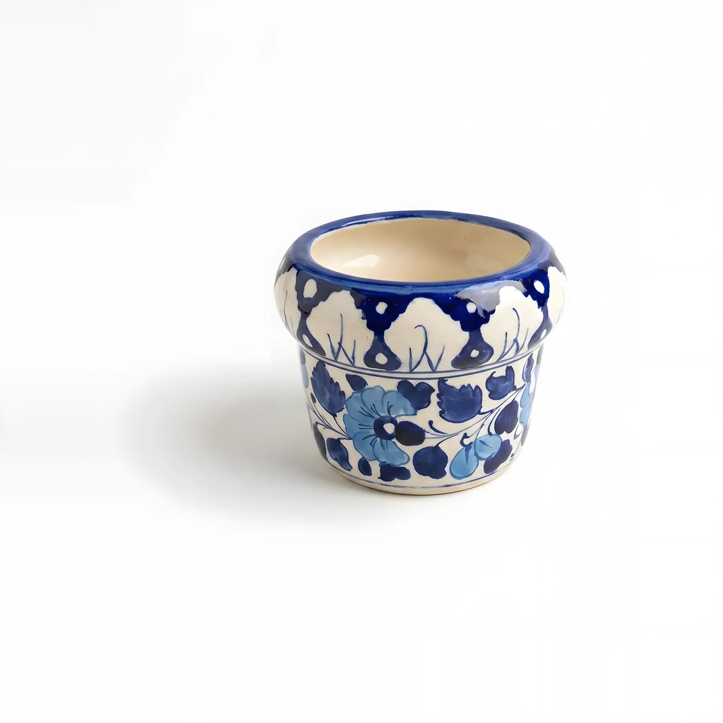 Handmade Blue Pottery Drip-Edge Blue Spray Small Planter - 4 Inch Ceramic