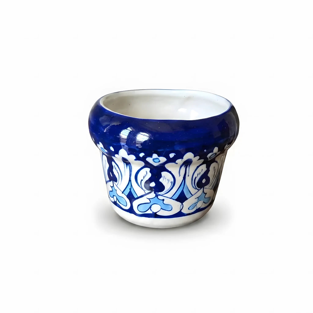 Handmade Blue Pottery Diamond Dot Petal Border Small Planter - 4 Inch Ceramic