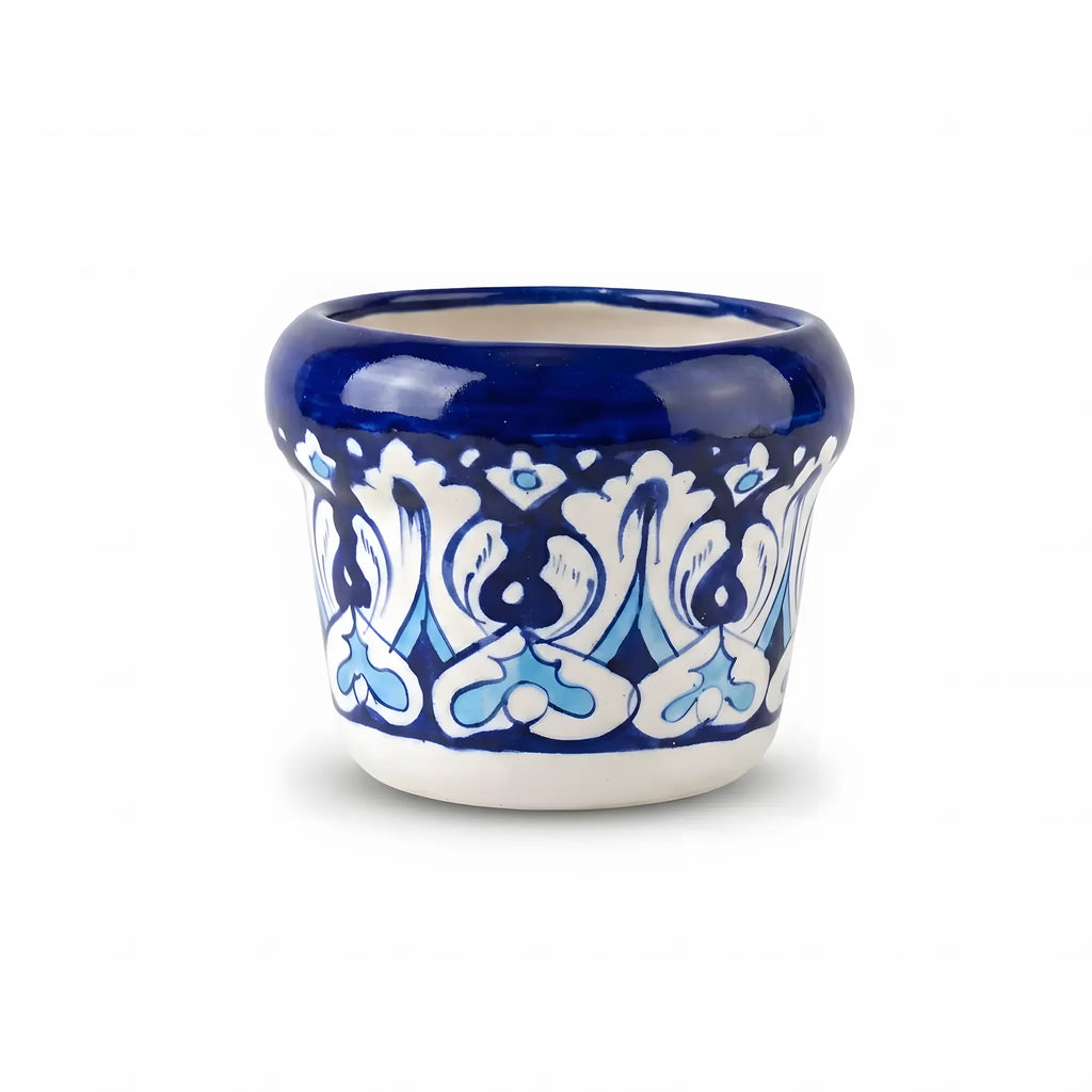 Handmade Blue Pottery Diamond Dot Petal Border Small Planter - 4 Inch Ceramic