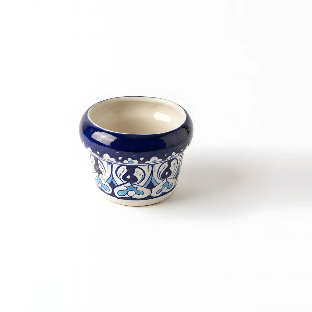 Handmade Blue Pottery Diamond Dot Petal Border Small Planter - 4 Inch Ceramic