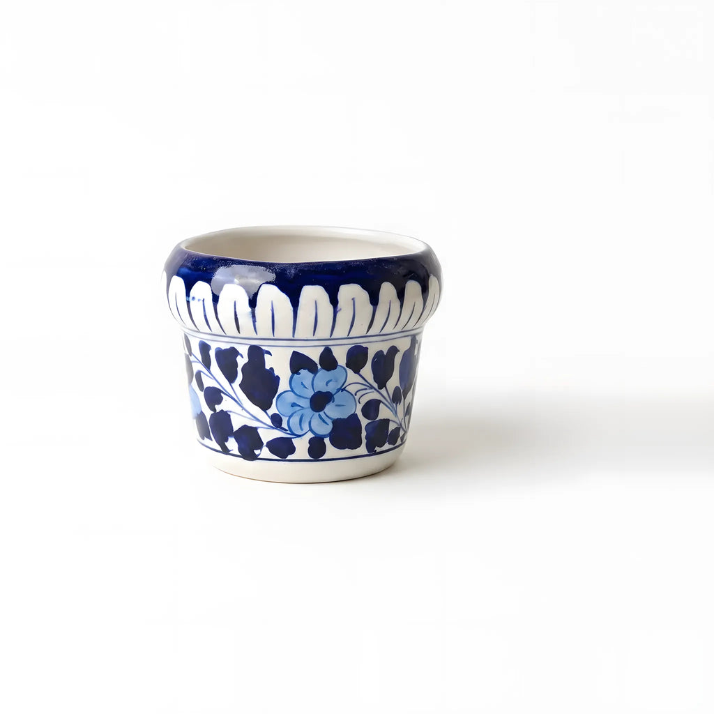 Handmade Blue Pottery Chevron & Floral Band Small Planter - 4 Inch Ceramic