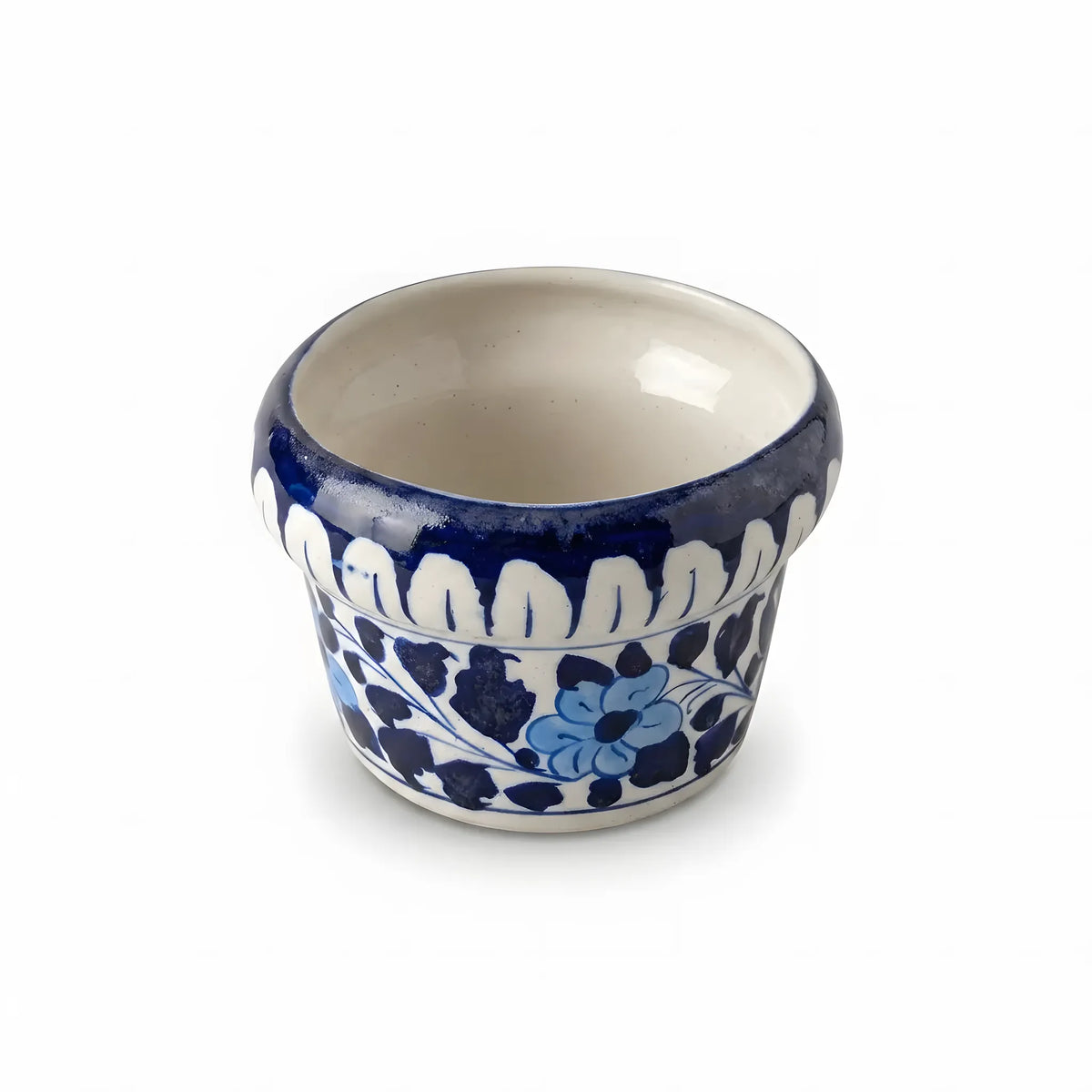 Handmade Blue Pottery Chevron & Floral Band Small Planter - 4 Inch Ceramic