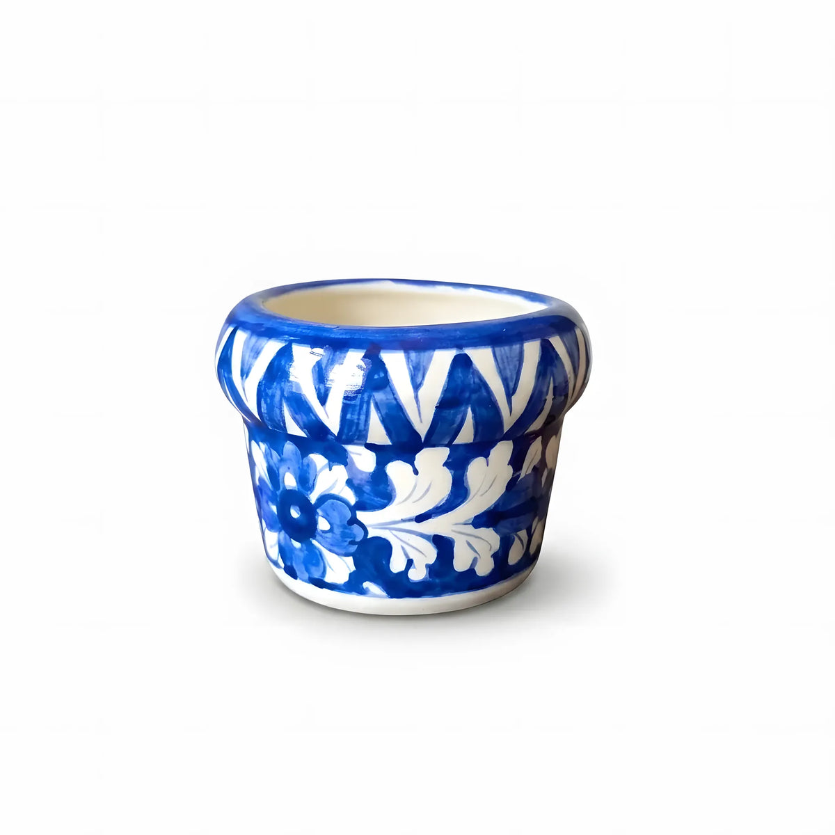 Handmade Blue Pottery Fan Leaf Small Planter - 4 Inch Ceramic