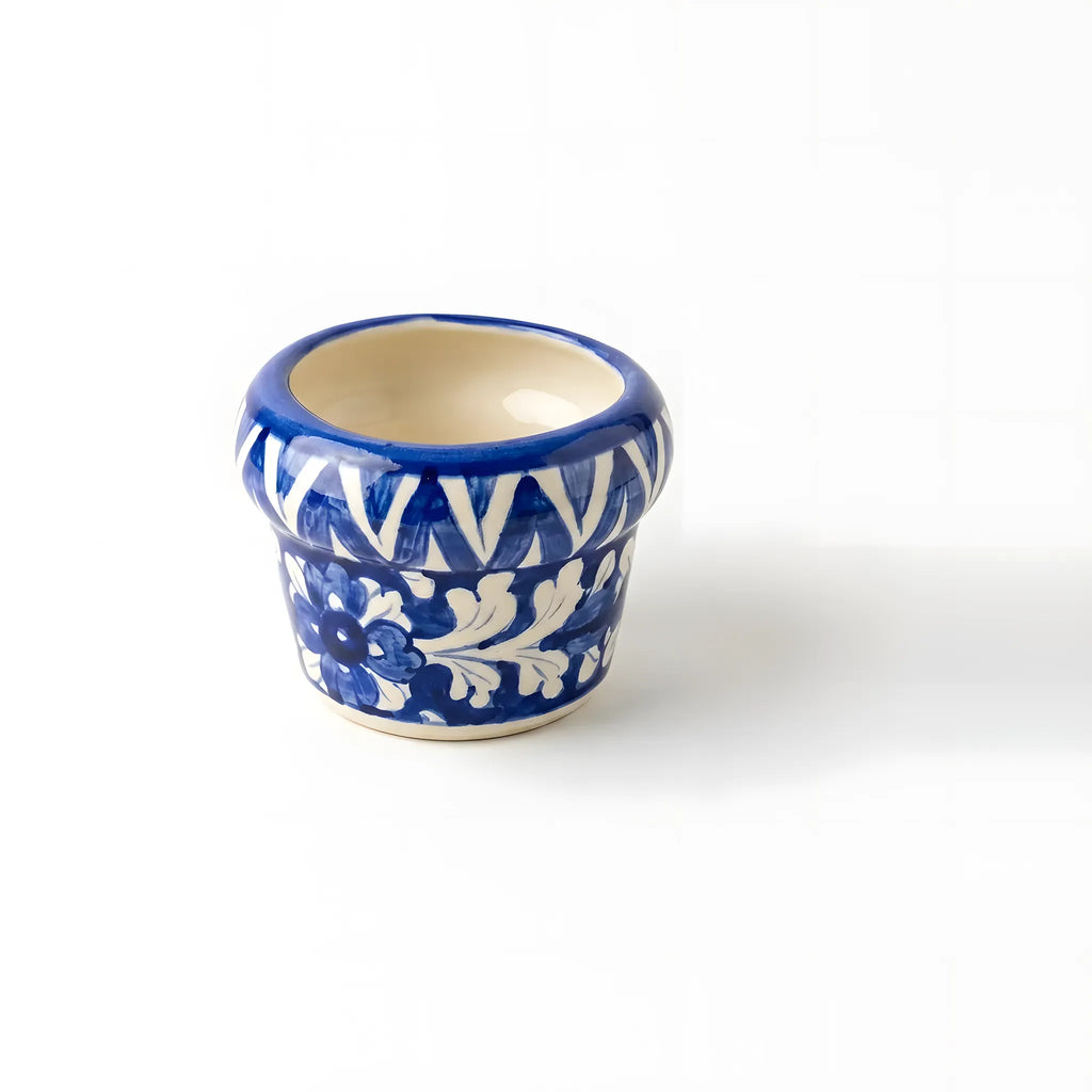 Handmade Blue Pottery Fan Leaf Small Planter - 4 Inch Ceramic