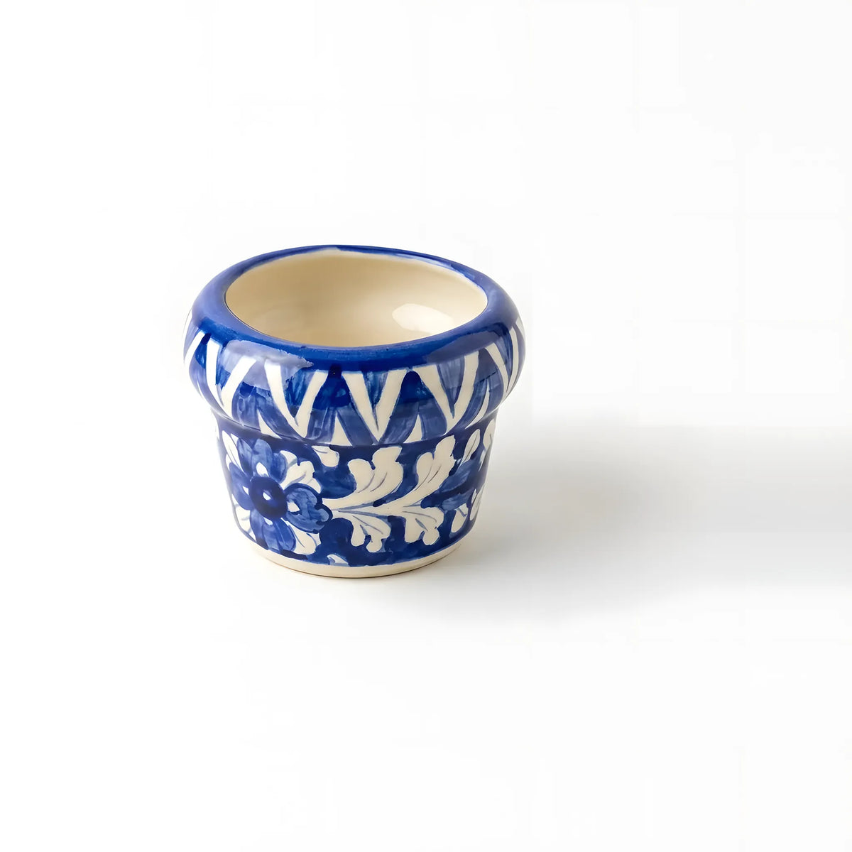 Handmade Blue Pottery Fan Leaf Small Planter - 4 Inch Ceramic
