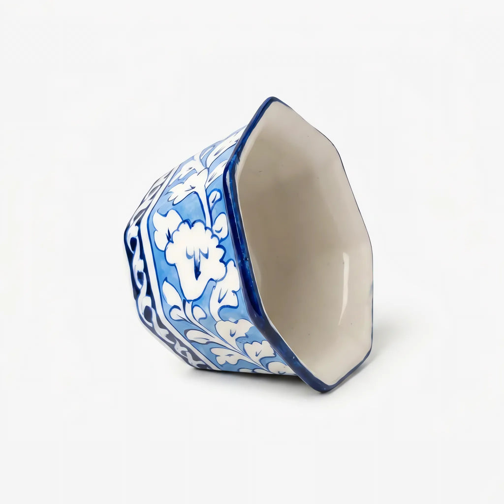 Blue Pottery Hexagonal Planter - 6 Inch Wide Hand-Painted Ceramic Indoor Planter (Sky Blue Floral)