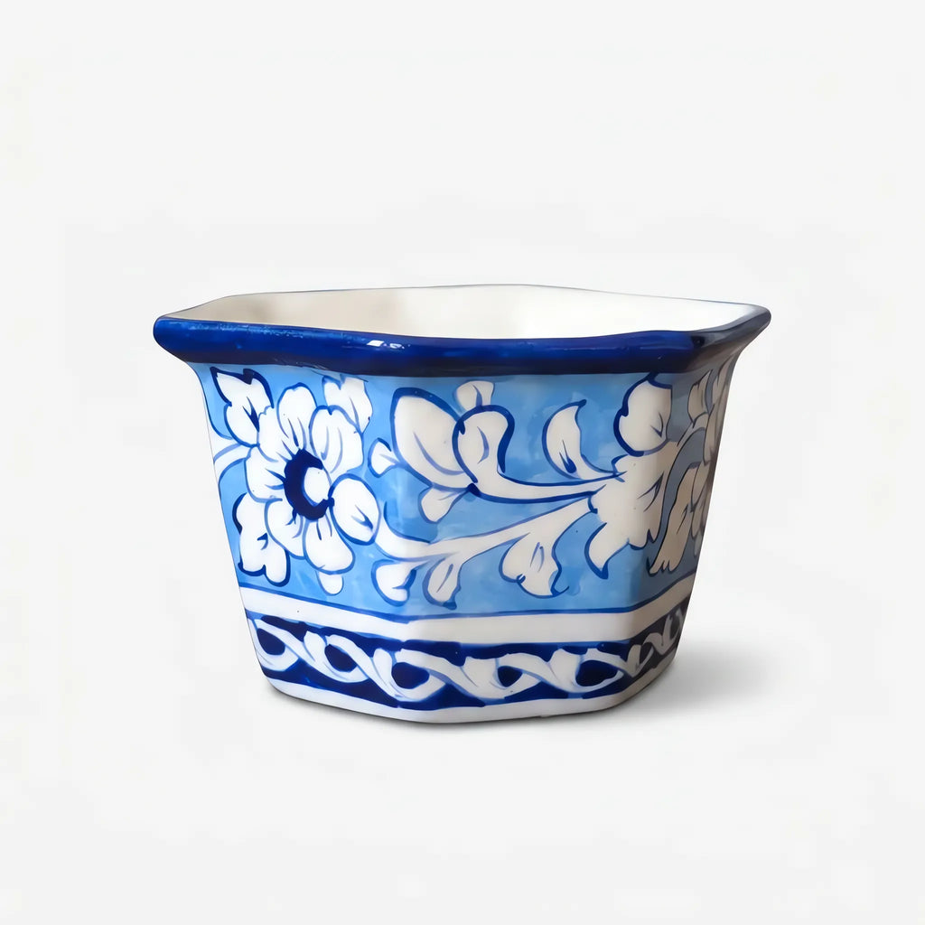 Blue Pottery Hexagonal Planter - 6 Inch Wide Hand-Painted Ceramic Indoor Planter (Sky Blue Floral)