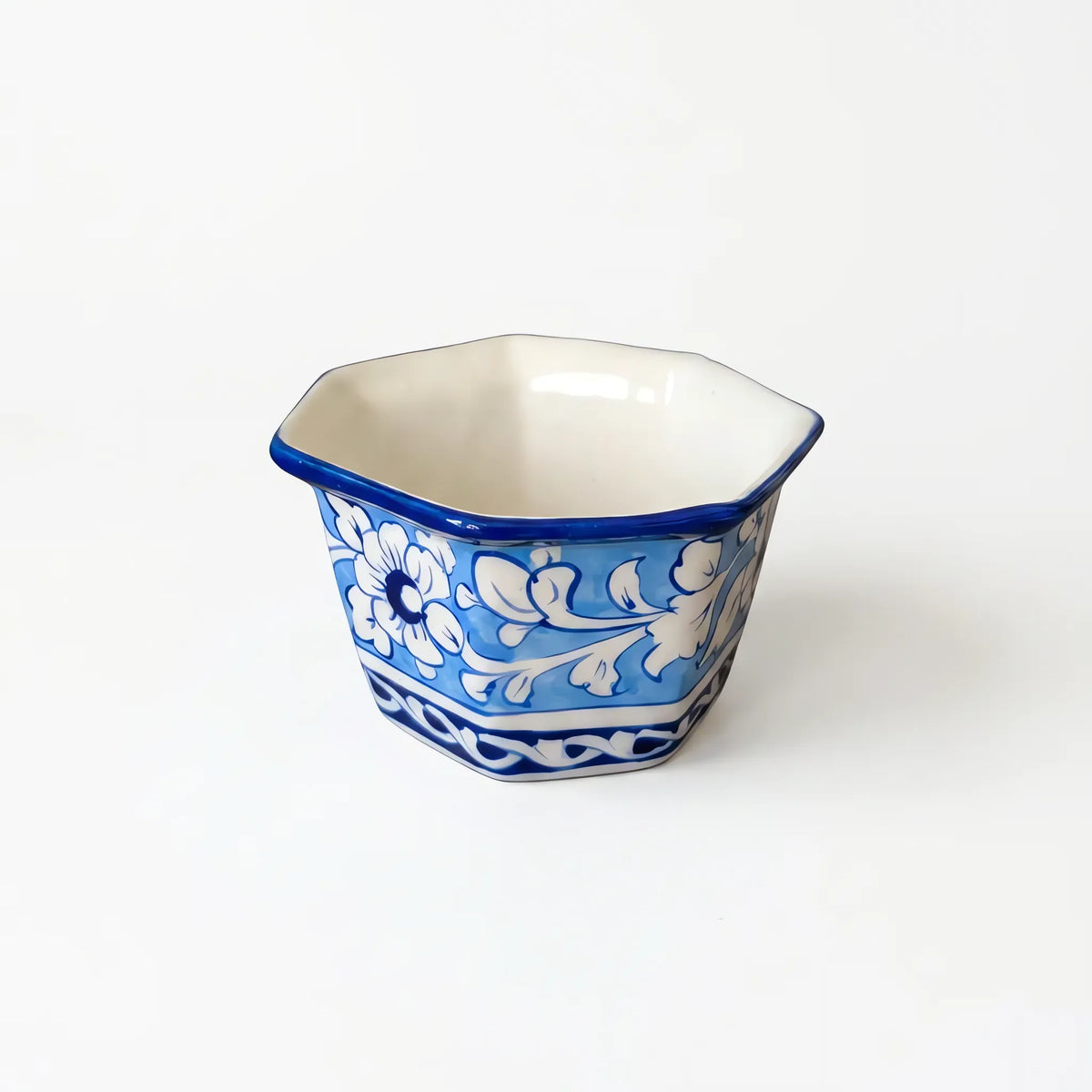 Blue Pottery Hexagonal Planter - 6 Inch Wide Hand-Painted Ceramic Indoor Planter (Sky Blue Floral)