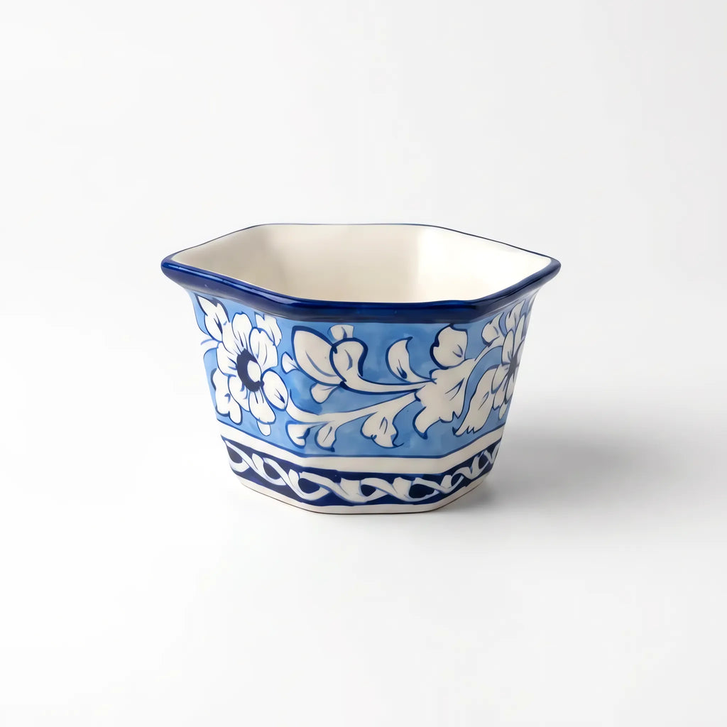 Blue Pottery Hexagonal Planter - 6 Inch Wide Hand-Painted Ceramic Indoor Planter (Sky Blue Floral)