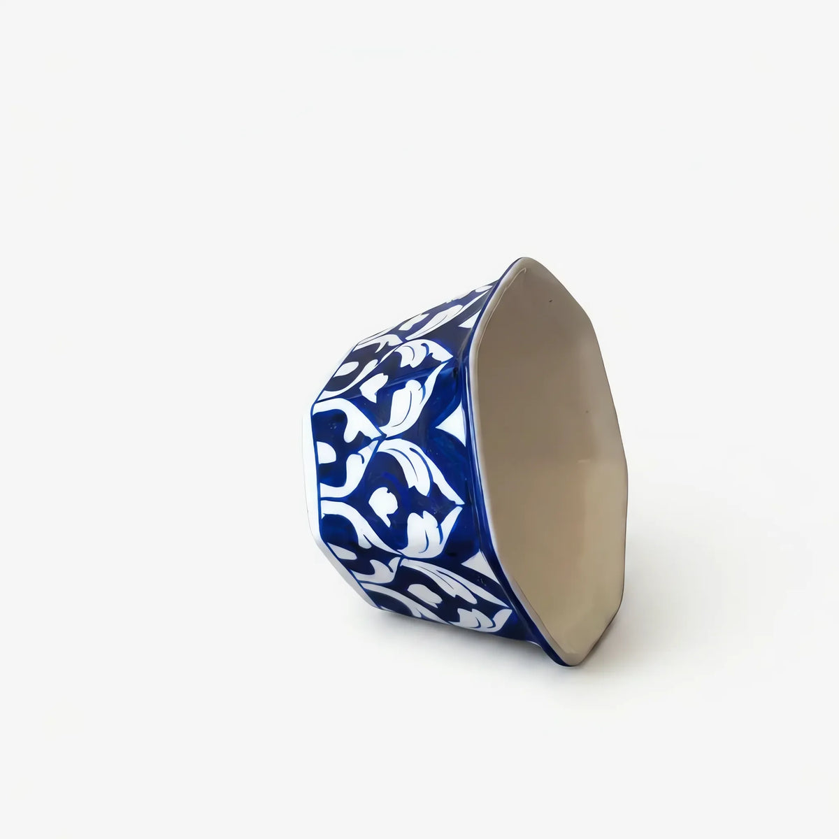Blue Pottery Hexagonal Planter - 6 Inch Wide Hand-Painted Ceramic Indoor Planter (Cobalt Palmette)