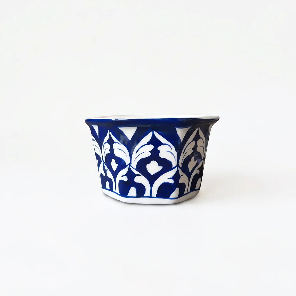 Blue Pottery Hexagonal Planter - 6 Inch Wide Hand-Painted Ceramic Indoor Planter (Cobalt Palmette)