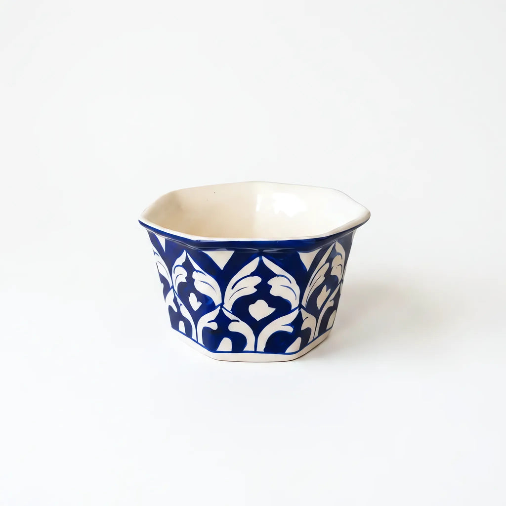 Blue Pottery Hexagonal Planter - 6 Inch Wide Hand-Painted Ceramic Indoor Planter (Cobalt Palmette)