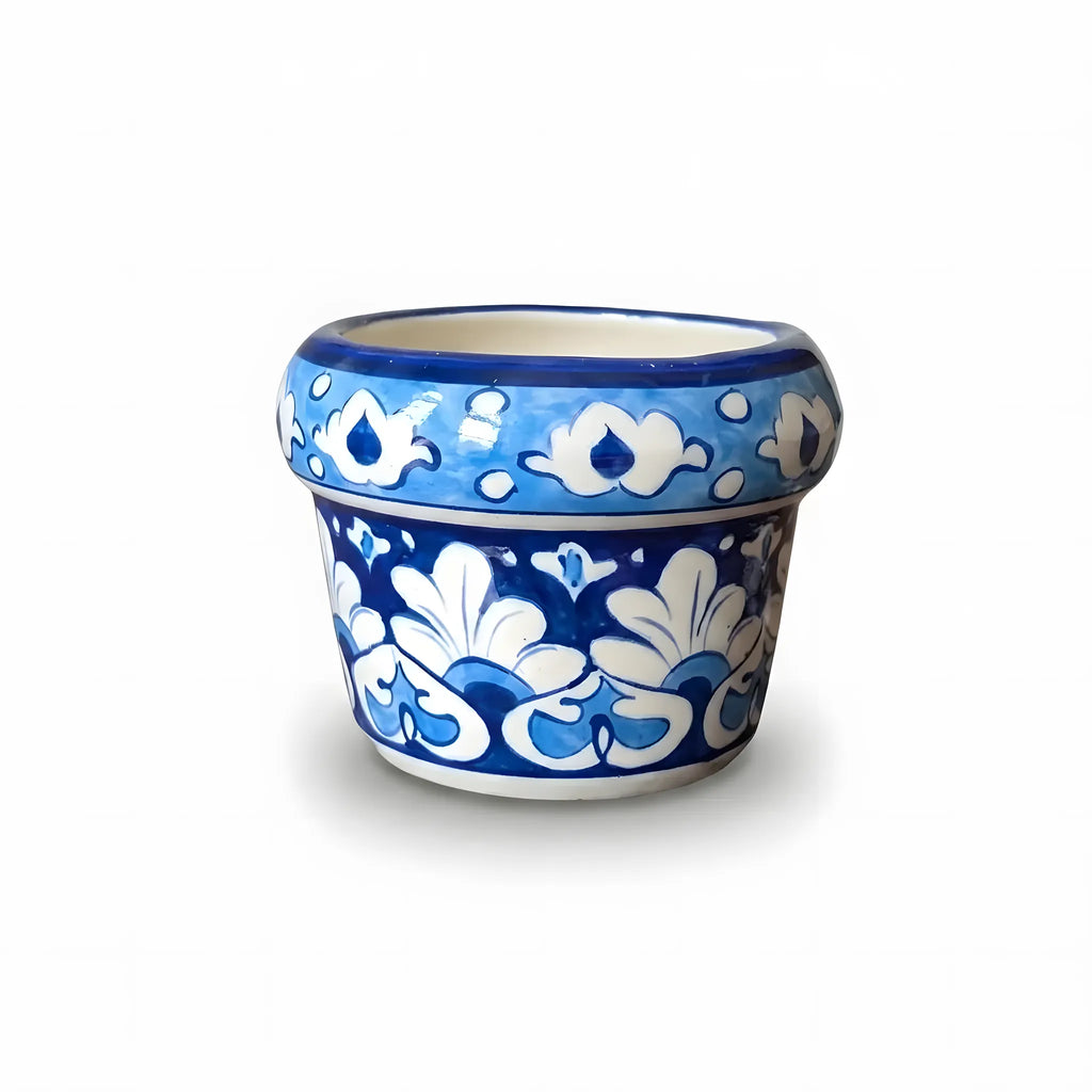 Handmade Blue Pottery Straight Rim Blue Vine Small Planter - 4 Inch Ceramic