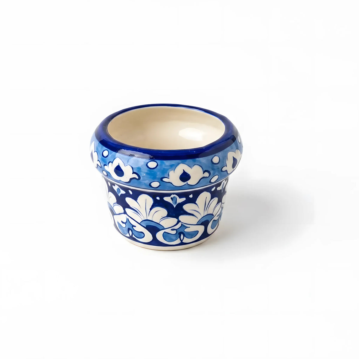 Handmade Blue Pottery Straight Rim Blue Vine Small Planter - 4 Inch Ceramic
