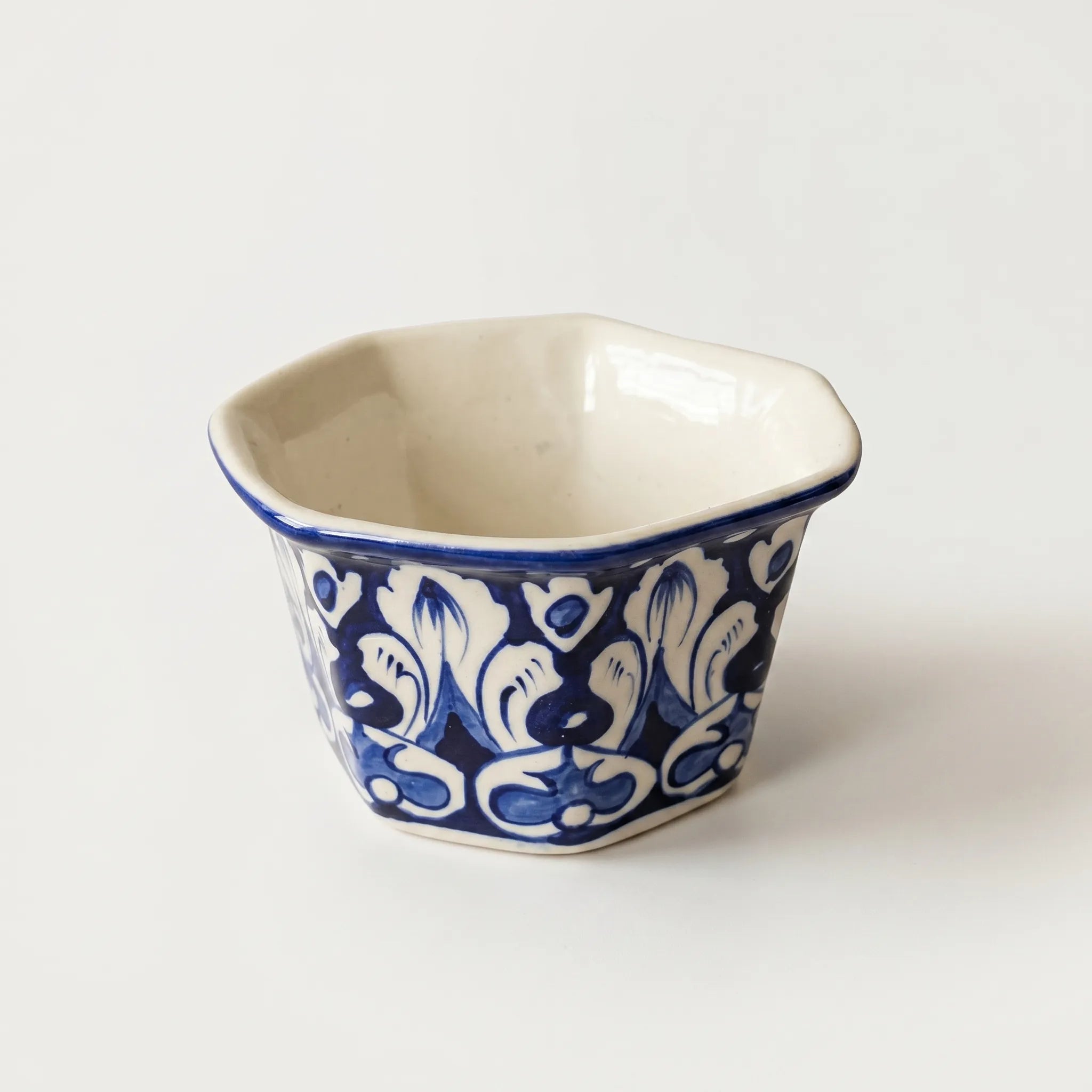 Blue Pottery Hexagon Planter – Hand-Painted Ceramic Indoor Planter (6” Wide)