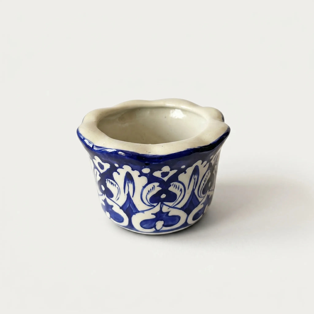 Small Blue Pottery Planter – 4” Ceramic Indoor Planter (Floral Motif)