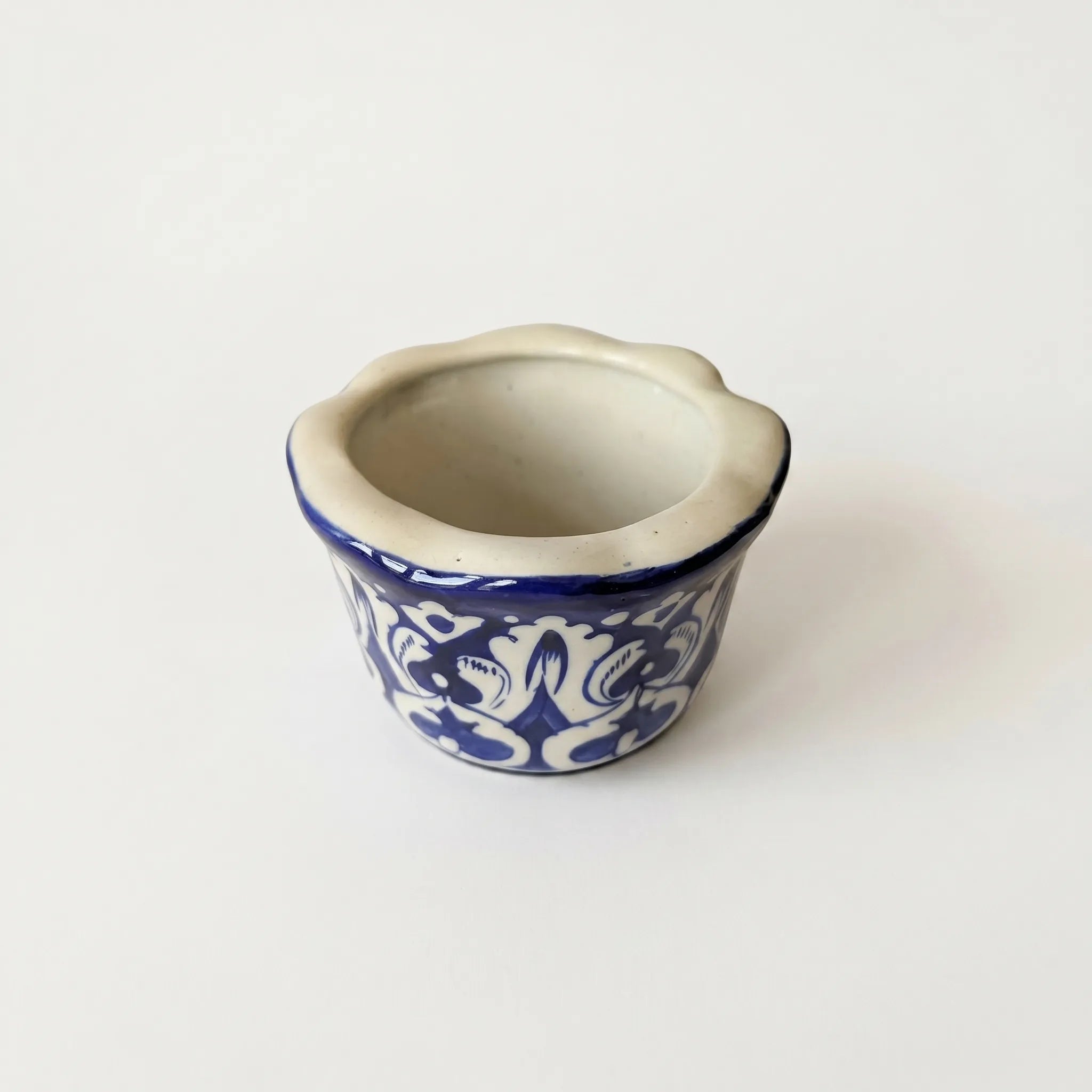 Small Blue Pottery Planter – 4” Ceramic Indoor Planter (Floral Motif)