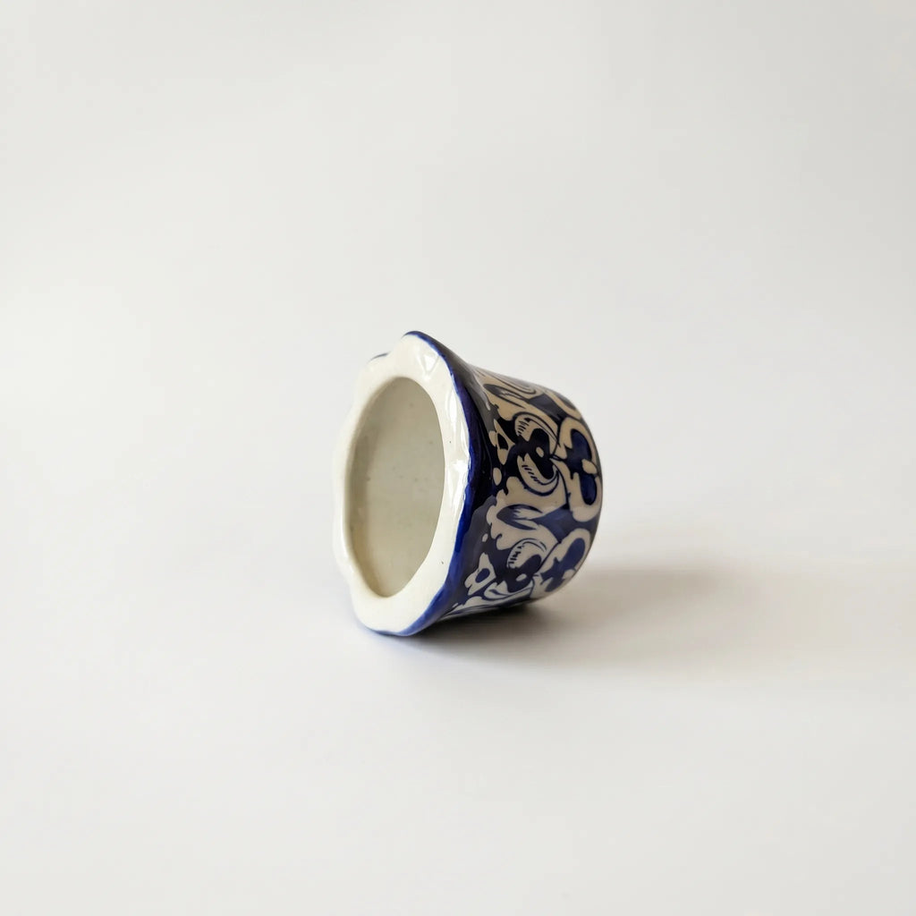 Small Blue Pottery Planter – 4” Ceramic Indoor Planter (Floral Motif)