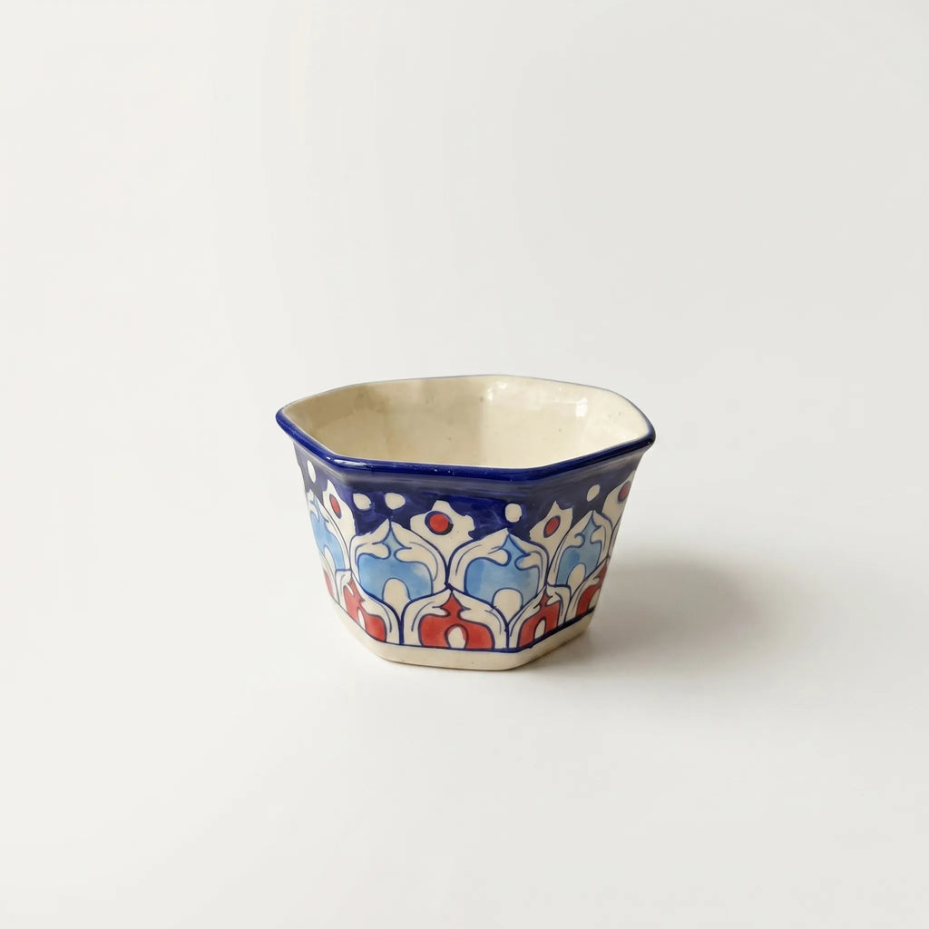 Hexagon Blue Pottery Planter – 5” Ceramic Indoor Planter (Geometric Floral Design)