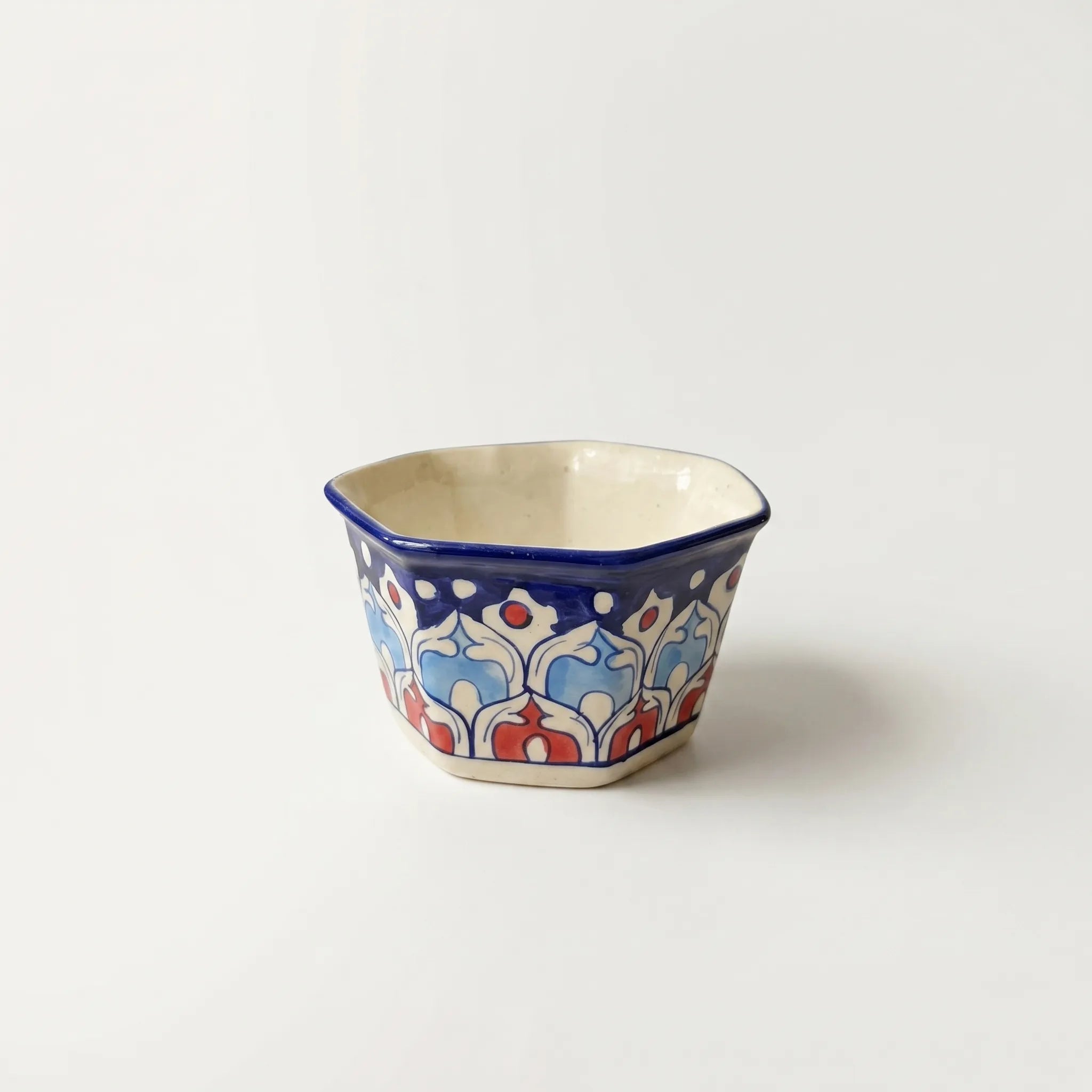 Hexagon Blue Pottery Planter – 5” Ceramic Indoor Planter (Geometric Floral Design)
