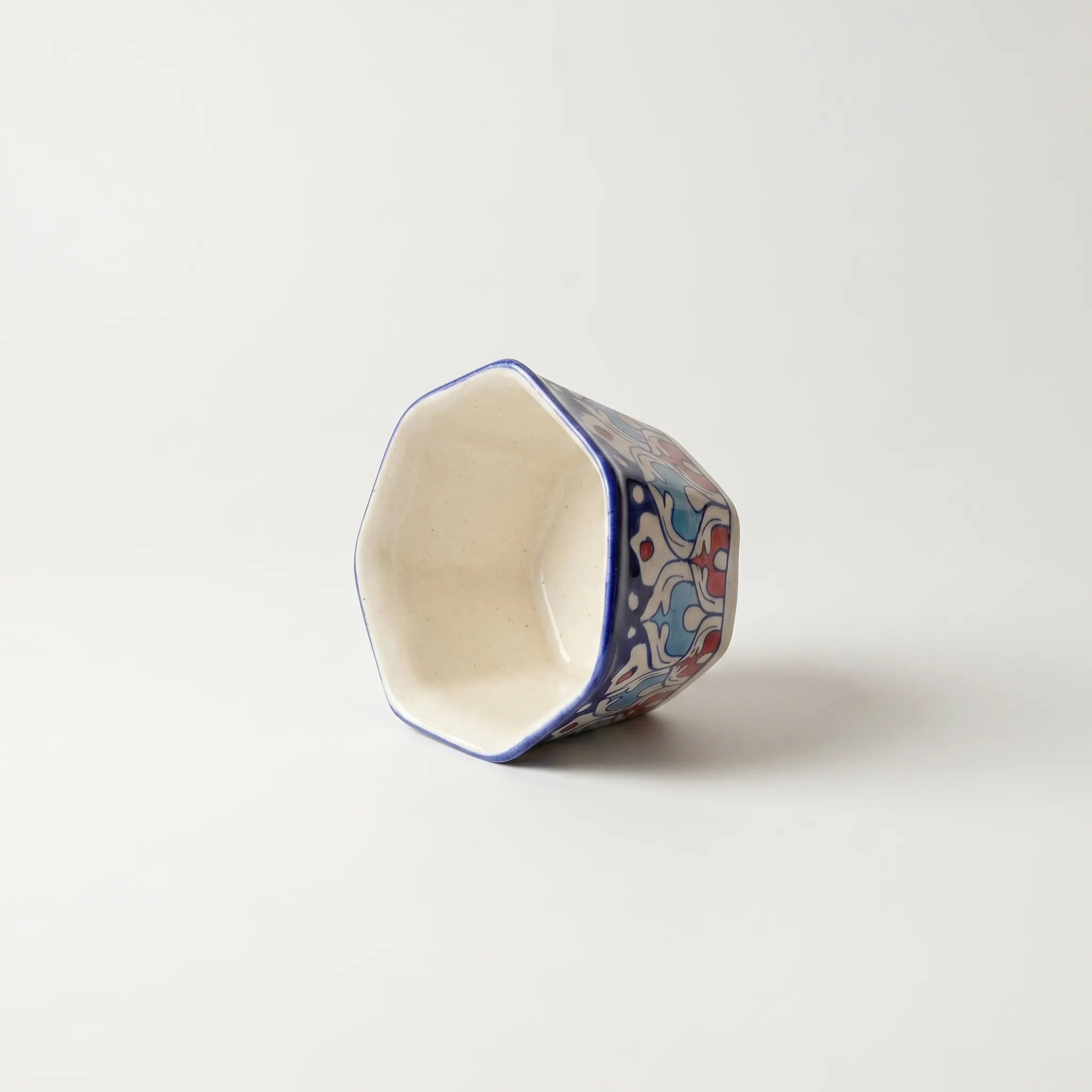 Hexagon Blue Pottery Planter – 5” Ceramic Indoor Planter (Geometric Floral Design)