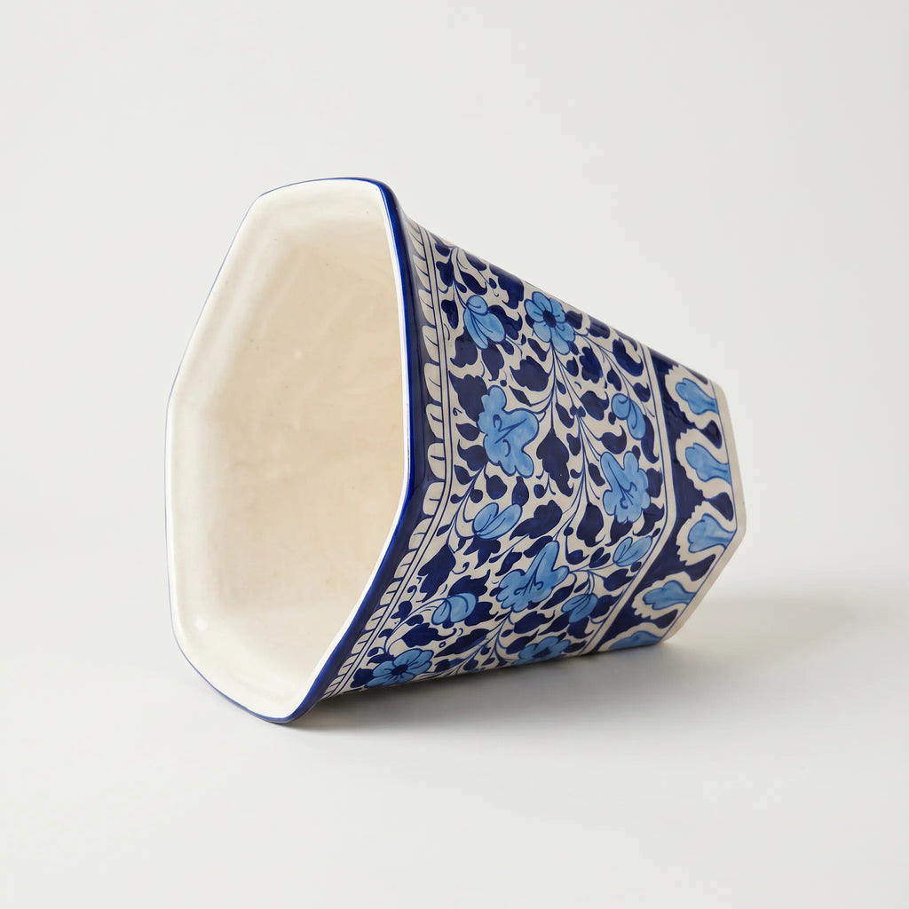 Blue Pottery Hexagonal Planter – 10” Ceramic Indoor Planter Pot