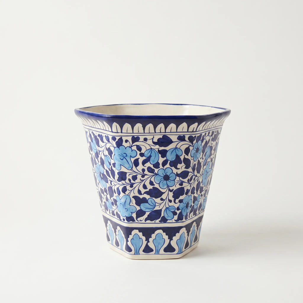 Blue Pottery Hexagonal Planter – 10” Ceramic Indoor Planter Pot