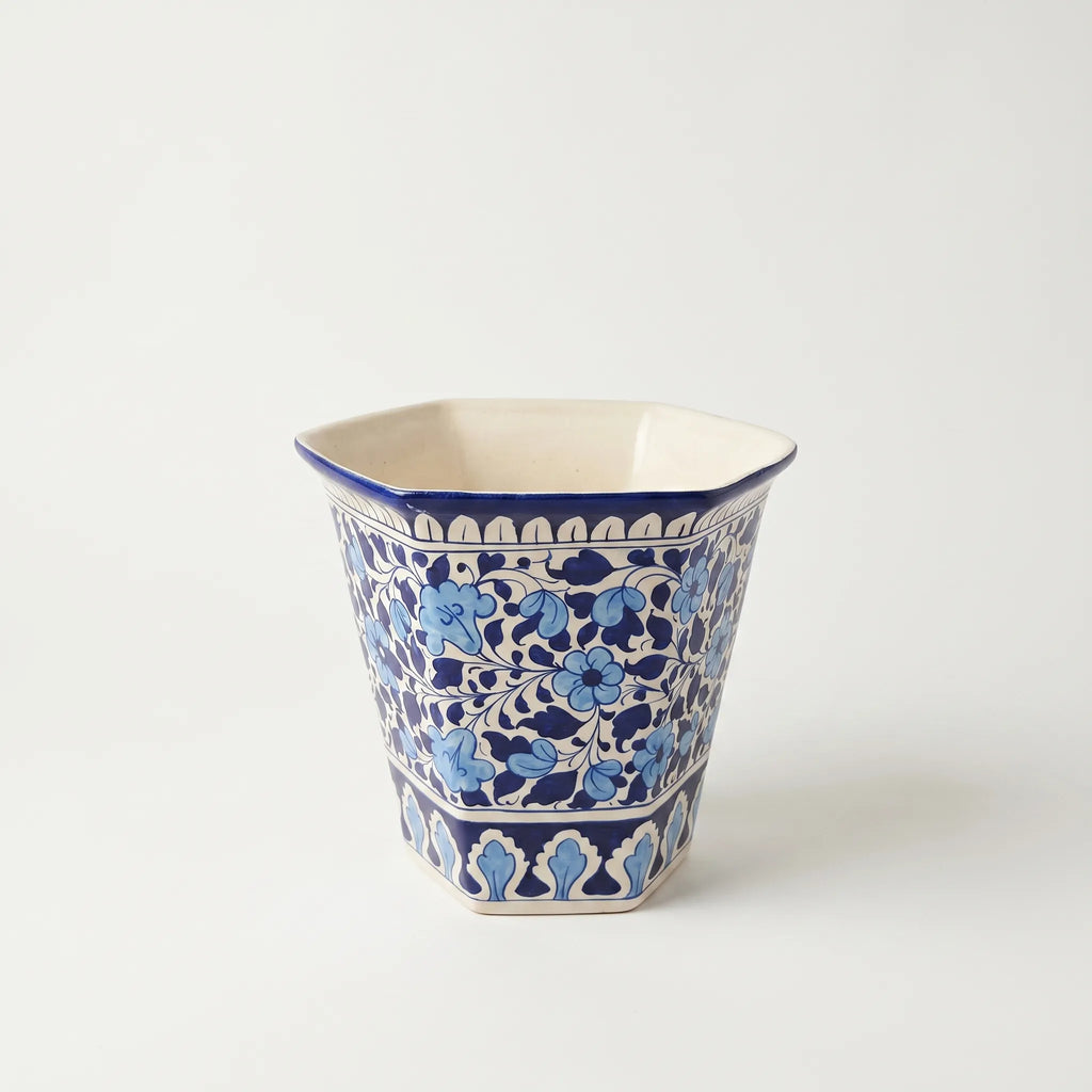 Blue Pottery Hexagonal Planter – 10” Ceramic Indoor Planter Pot