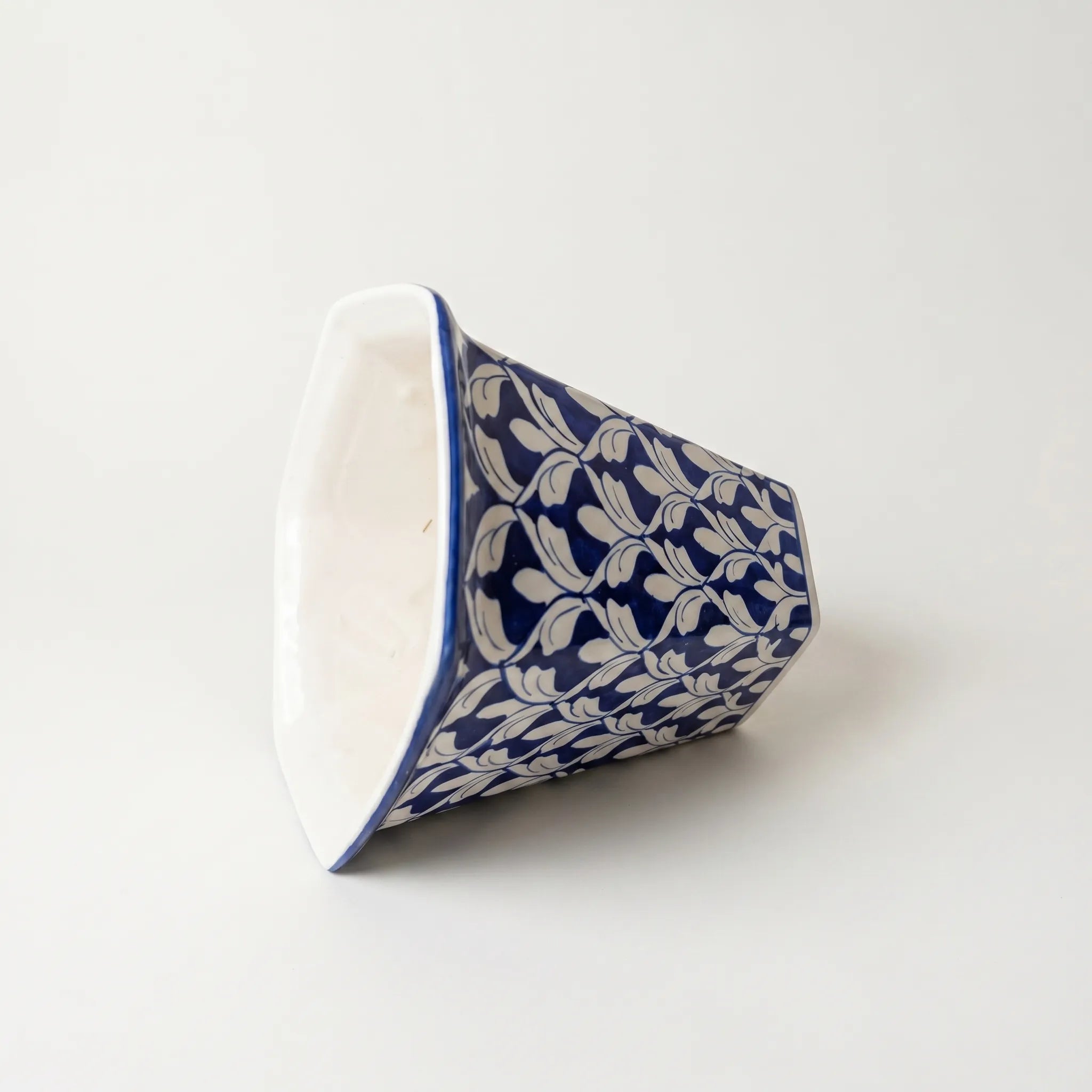 Blue Pottery Hexagonal Planter – 10” Ceramic Indoor Plant Pot with Leaf Pattern