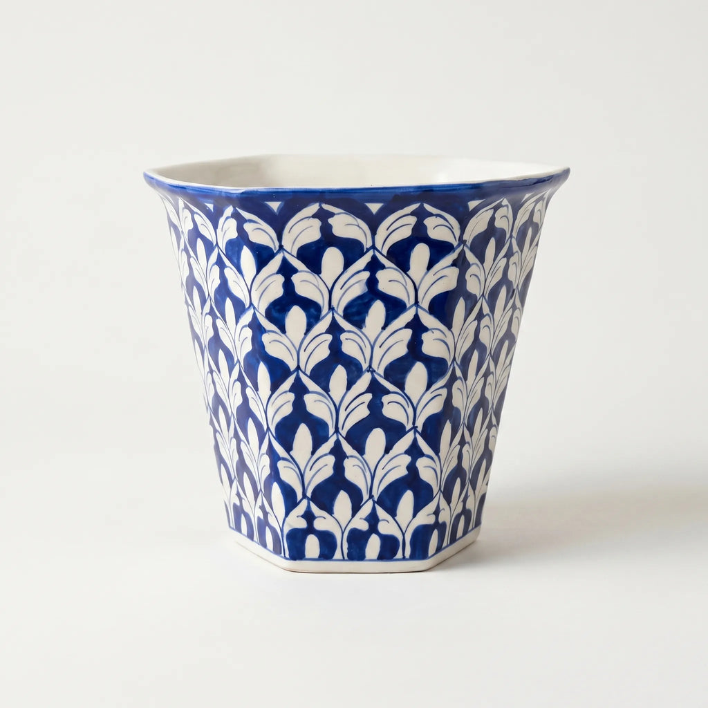 Blue Pottery Hexagonal Planter – 10” Ceramic Indoor Plant Pot with Leaf Pattern