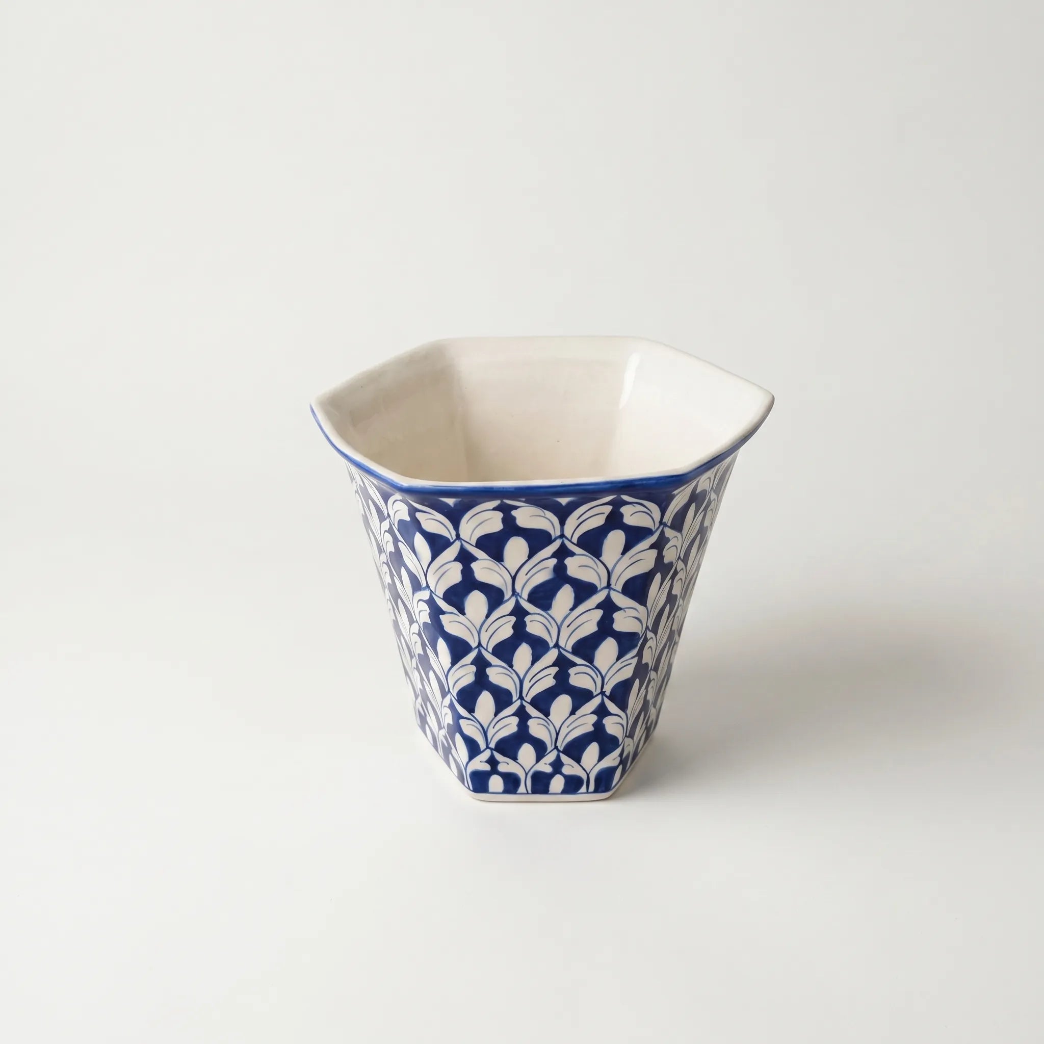 Blue Pottery Hexagonal Planter – 10” Ceramic Indoor Plant Pot with Leaf Pattern