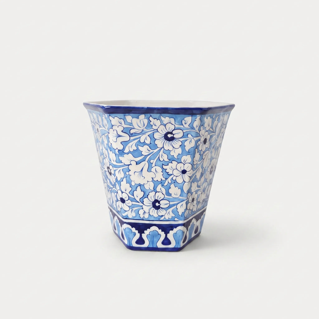Hexagonal Sky Vine Blue Pottery Planter - 10 Inch