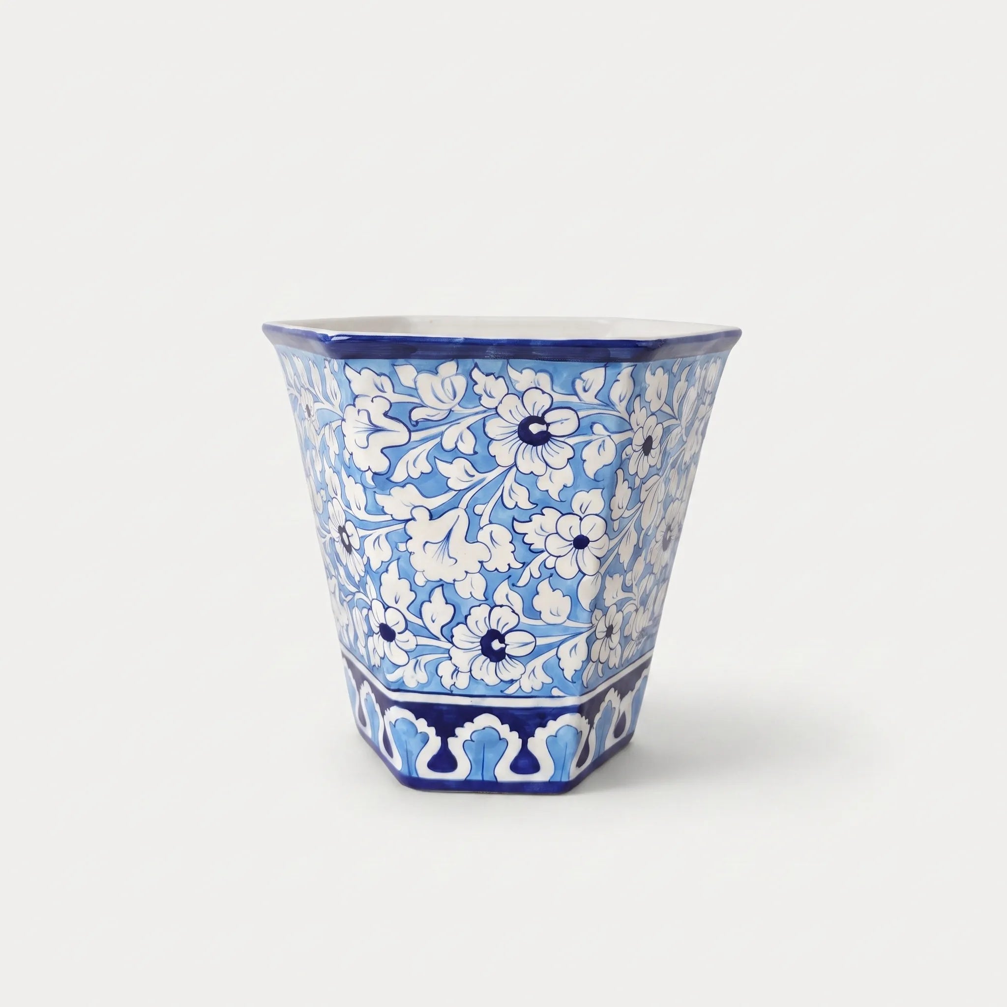 Hexagonal Sky Vine Blue Pottery Planter - 10 Inch