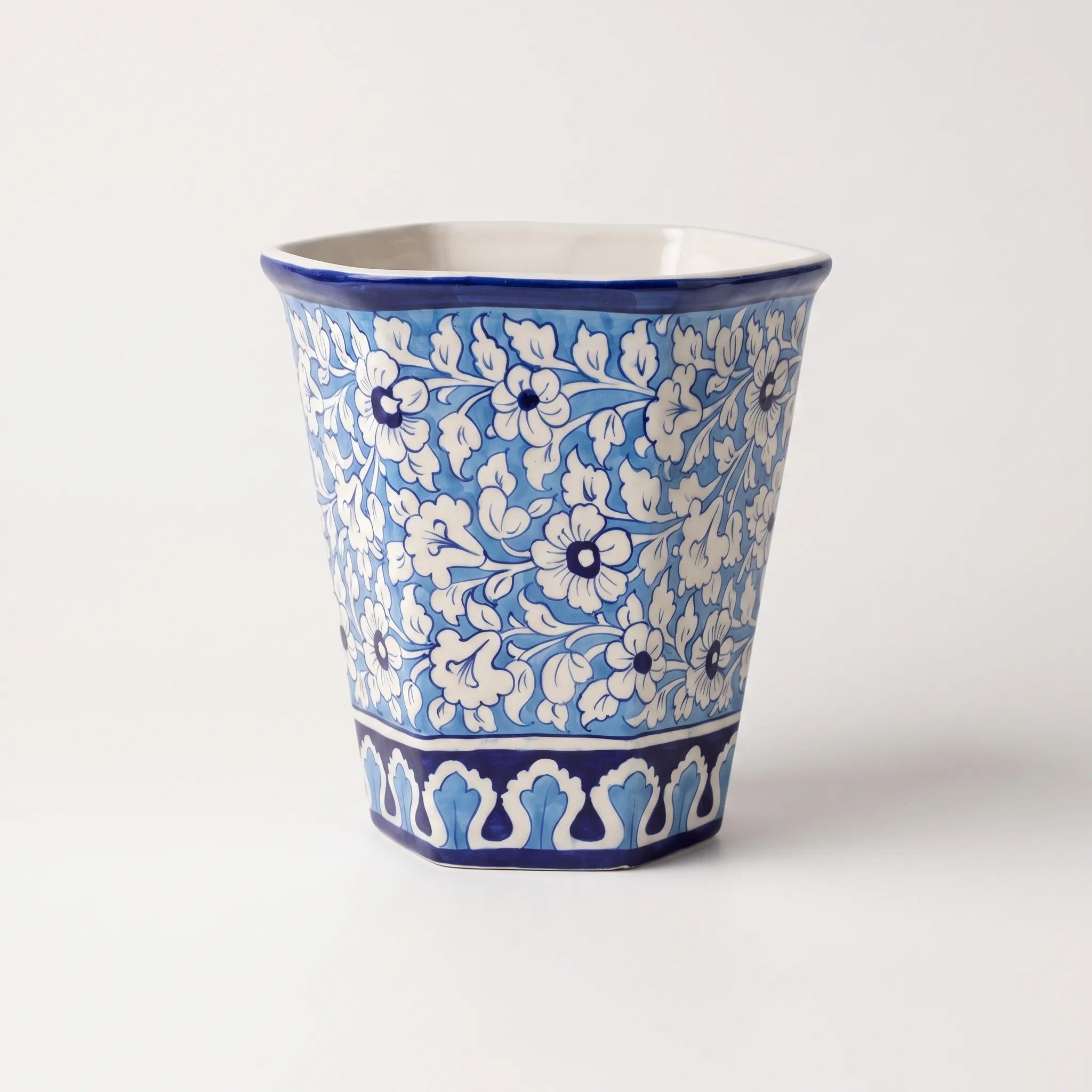 Hexagonal Sky Vine Blue Pottery Planter - 10 Inch