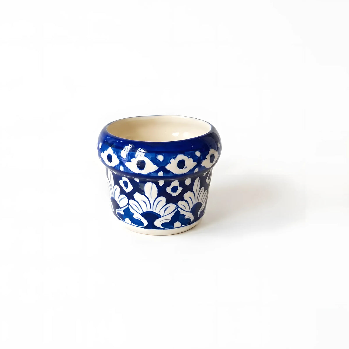 Handmade Blue Pottery Sky Blue Floral Small Planter - 4 Inch Ceramic