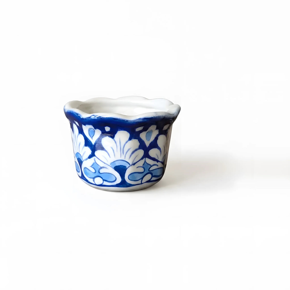 Small Blue Pottery Planter – 4" Ceramic Indoor Planter (Scalloped Blossom Motif)