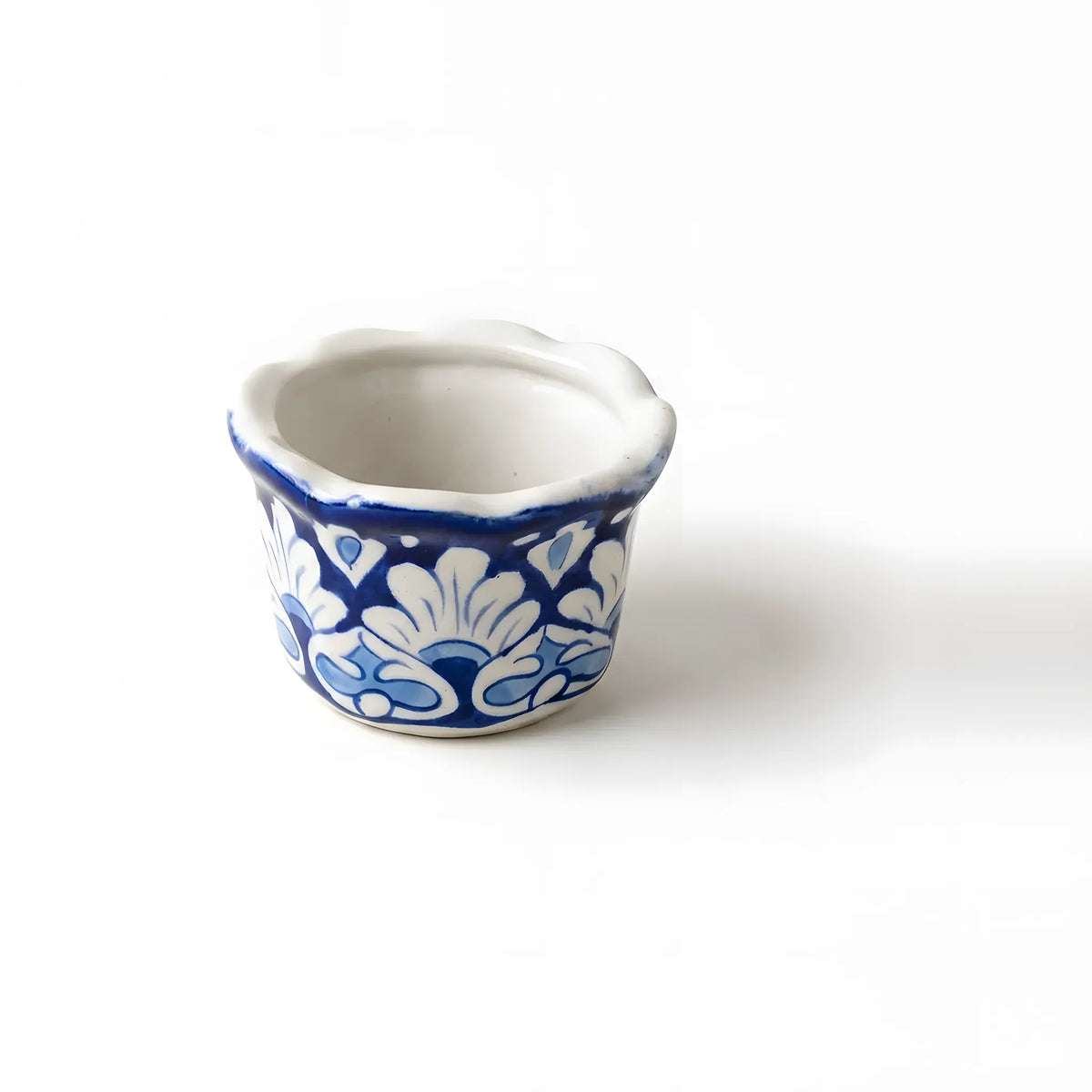 Small Blue Pottery Planter – 4" Ceramic Indoor Planter (Scalloped Blossom Motif)