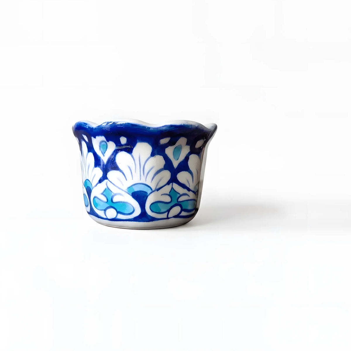 Small Blue Pottery Planter – 4" Ceramic Indoor Planter (Scalloped Blossom Motif)