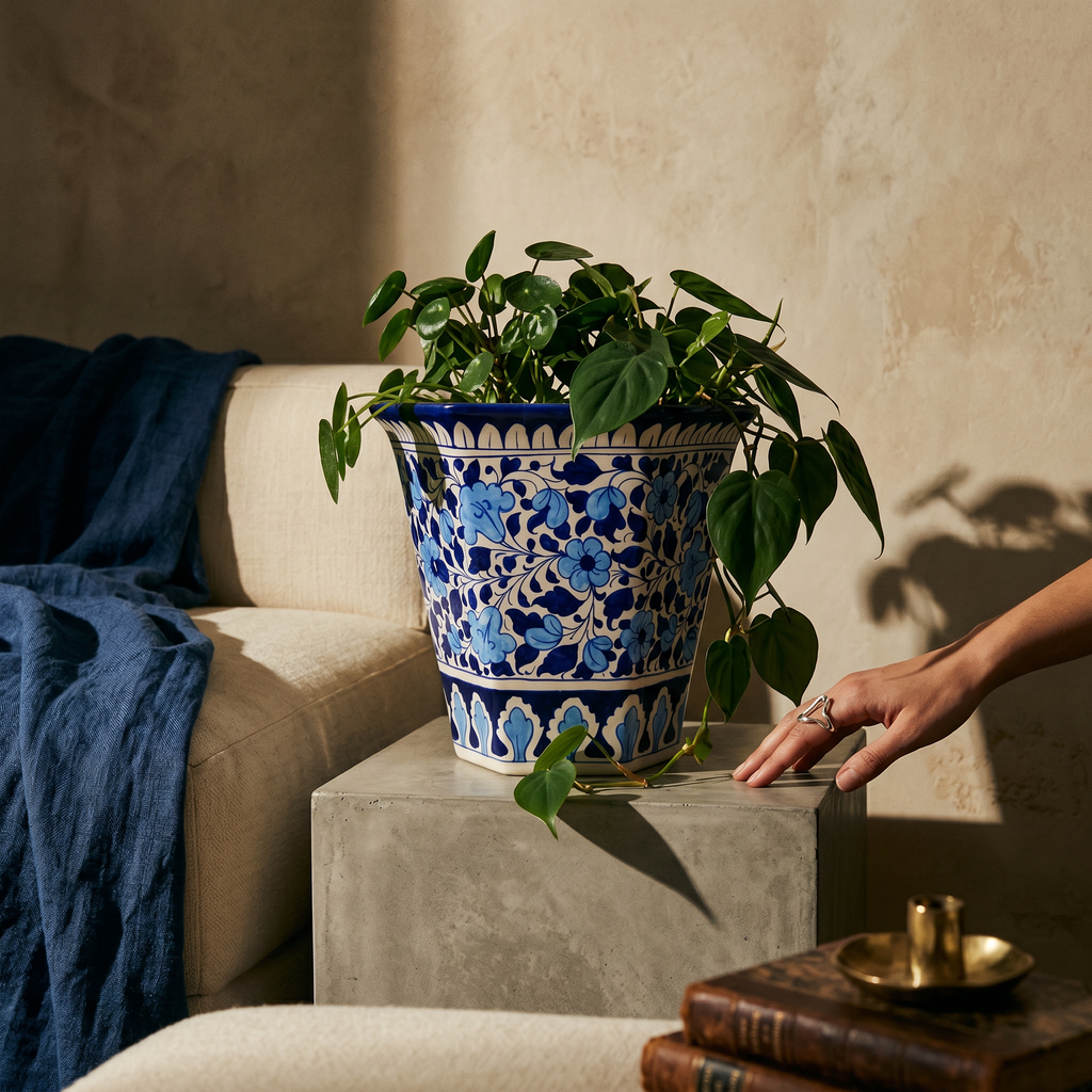 Blue Pottery Hexagonal Planter – 10” Ceramic Indoor Planter Pot