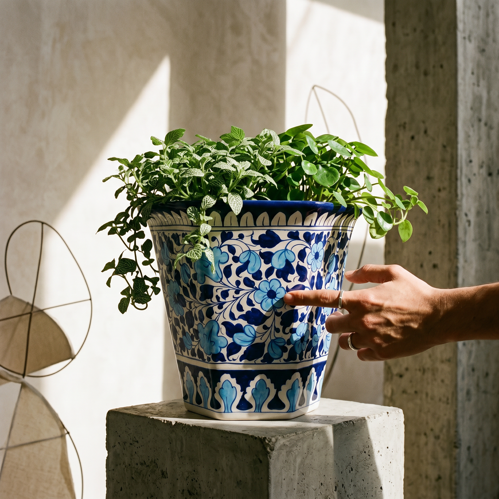 Blue Pottery Hexagonal Planter – 10” Ceramic Indoor Planter Pot