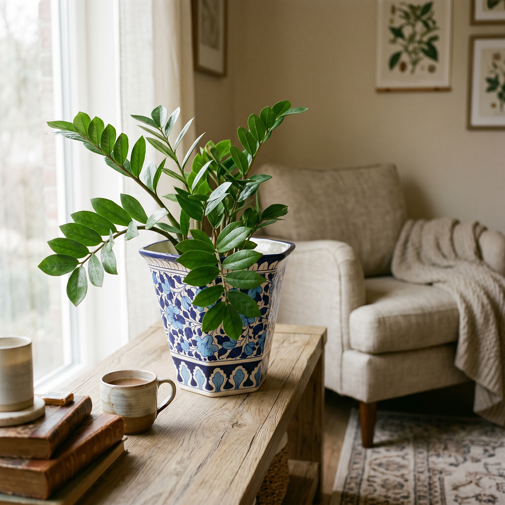 Blue Pottery Hexagonal Planter – 10” Ceramic Indoor Planter Pot