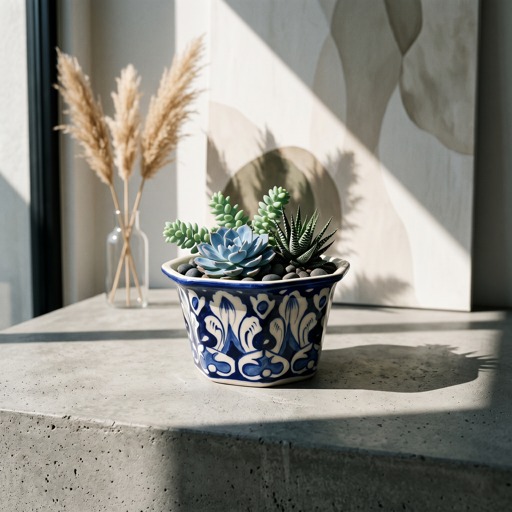 Blue Pottery Hexagon Planter – Hand-Painted Ceramic Indoor Planter (6” Wide)