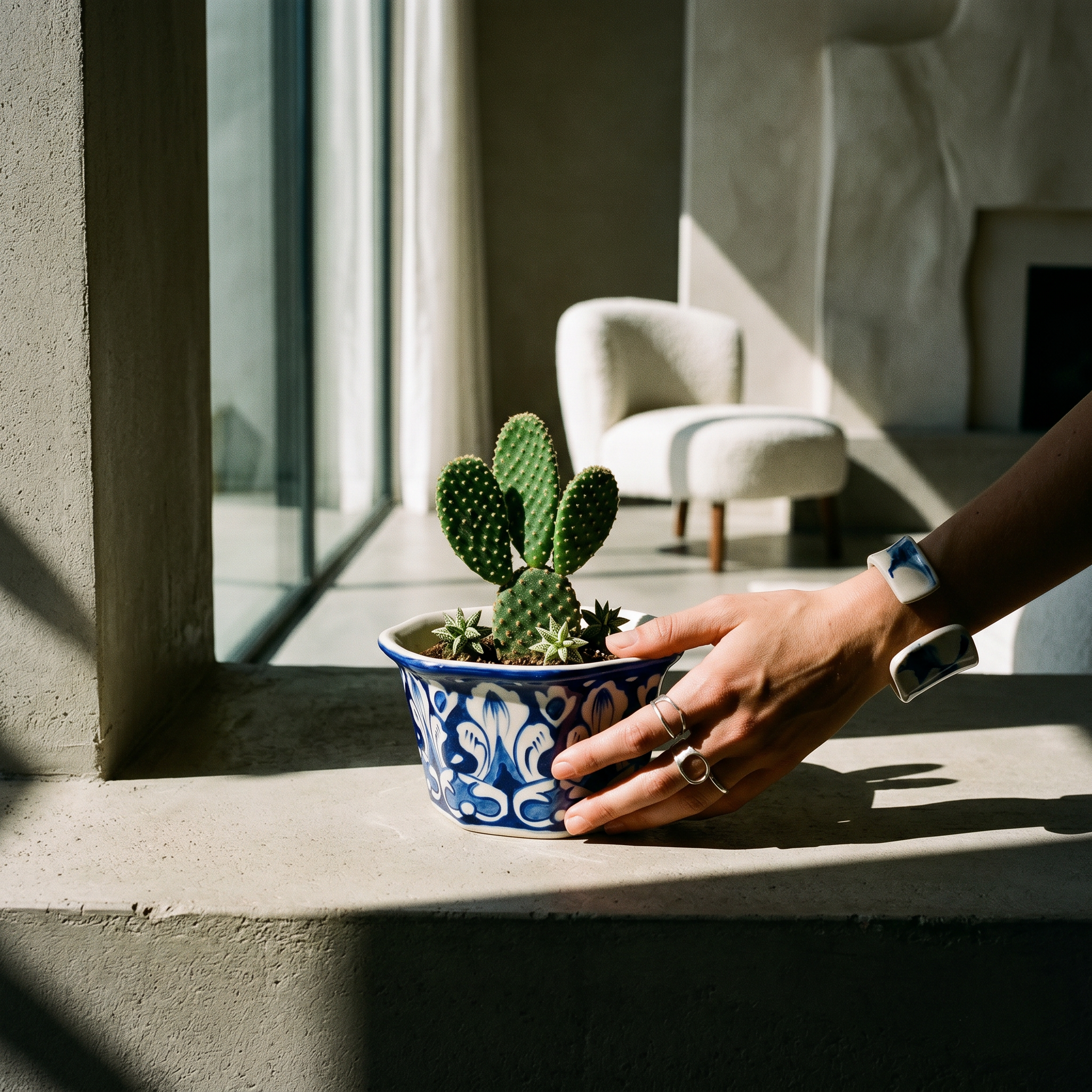 Blue Pottery Hexagon Planter – Hand-Painted Ceramic Indoor Planter (6” Wide)