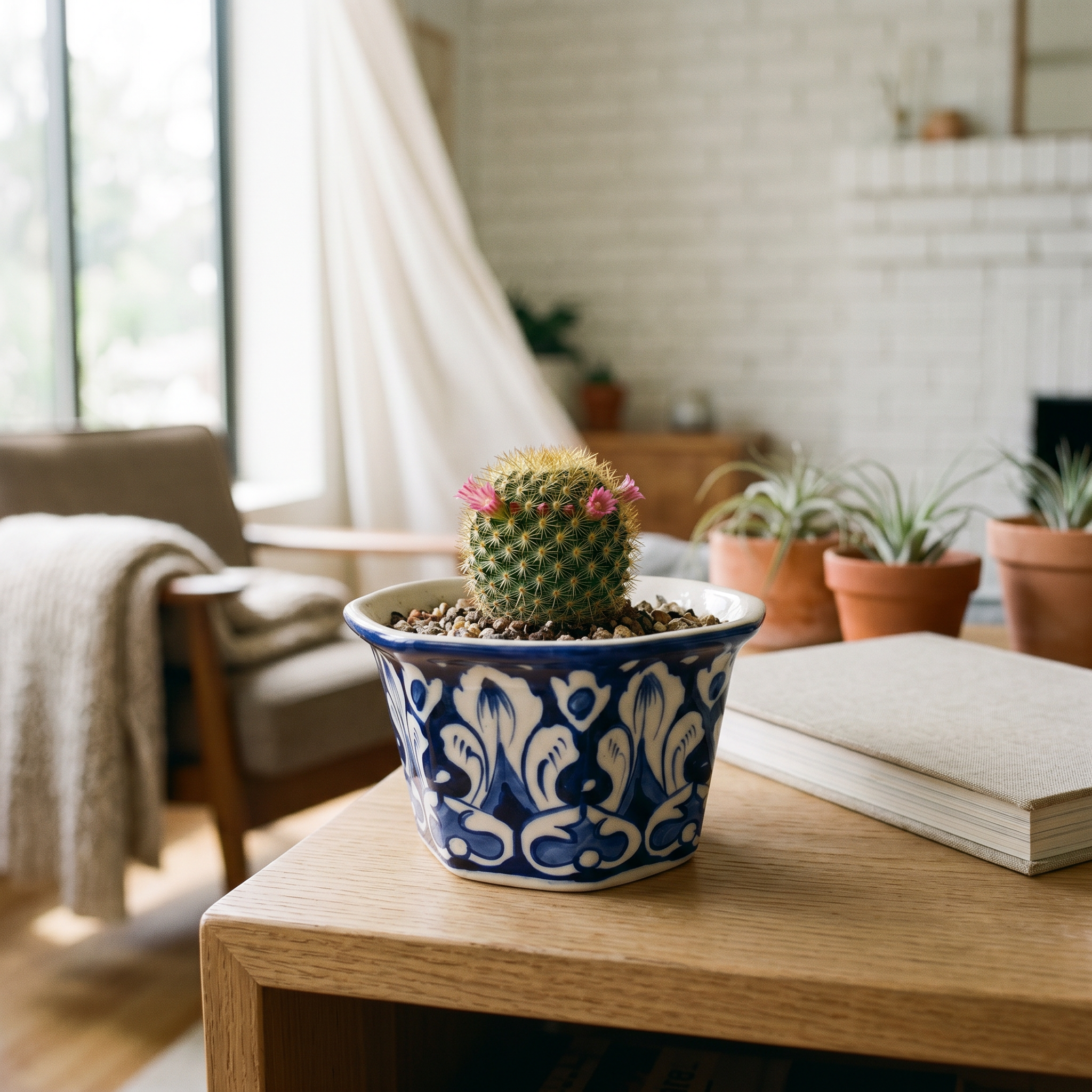 Blue Pottery Hexagon Planter – Hand-Painted Ceramic Indoor Planter (6” Wide)
