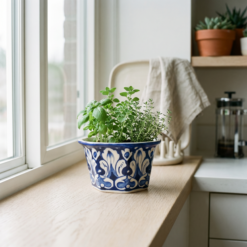 Blue Pottery Hexagon Planter – Hand-Painted Ceramic Indoor Planter (6” Wide)