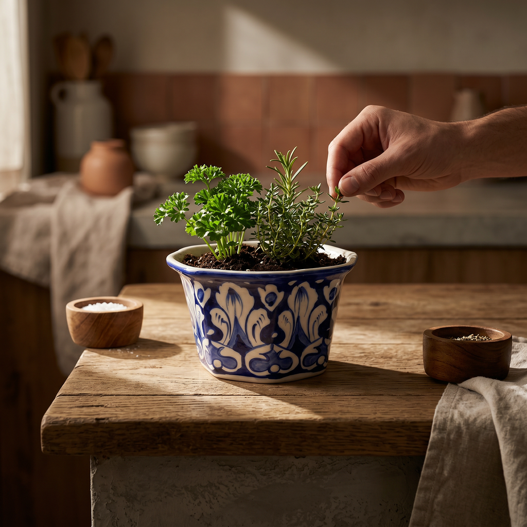 Blue Pottery Hexagon Planter – Hand-Painted Ceramic Indoor Planter (6” Wide)